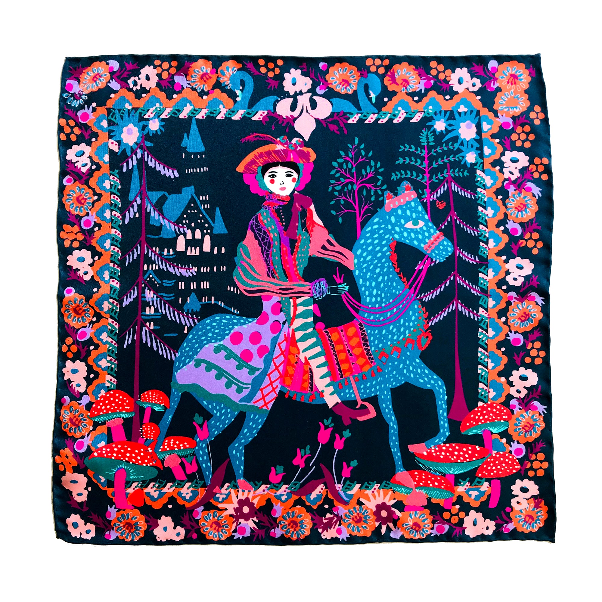 Silk pocket square designed by Crimson Rose featuring an original illustration of a knight riding a horse in a forest with a castle in the background by Crimson Rose O'Shea. Colours are deep blue, greens, reds, pinks and oranges.