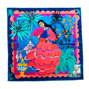 Highly colourful silk pocket square by Crimson Rose featuring drawing by Crimson Rose O'Shea of a lady wearing traditional Spanish dress surrounded by orange and palm trees in Seville.