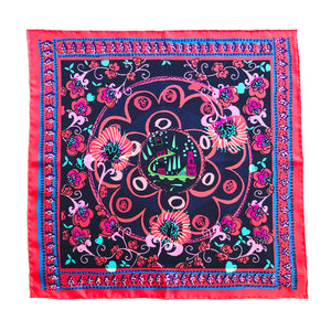 Red, pink, blue and green silk printed pocket square with original design by Crimson Rose O'Shea inspired by Istanbul and Turkey.