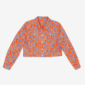 Crimson Rose cropped cotton drill jacket with orange and blue floral print. Photography Rowan Corr.