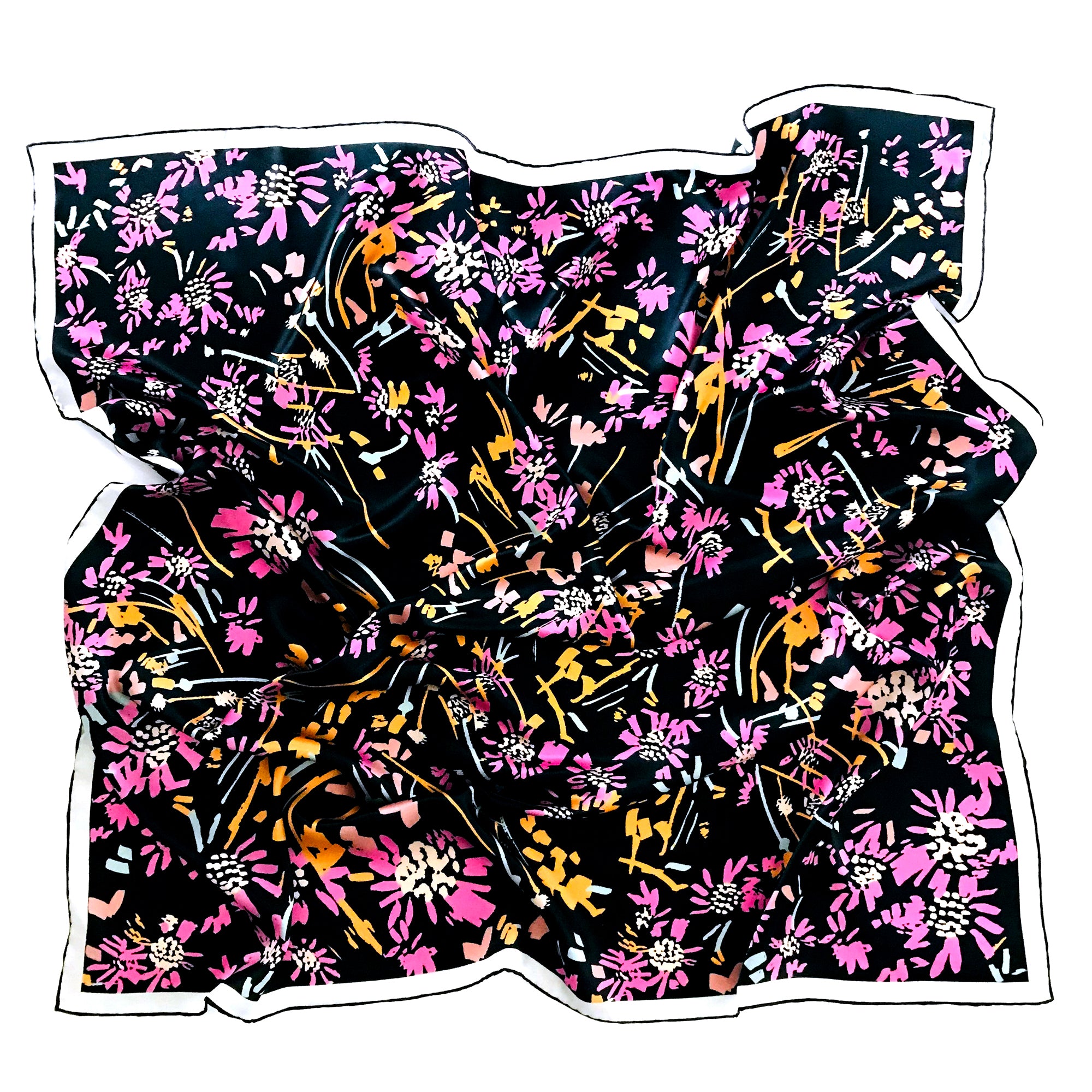 An explosion of pink daisies and orange gestural brush strokes ignite on the opulent black base in this energetic Crimson Rose scarf design. 